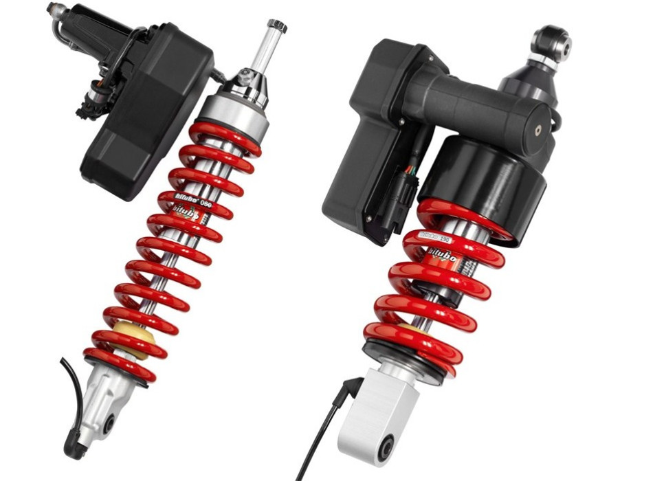 Stoßdämpfer SET (vorne und hinten) inkl. Feder - hinten Federvorspannung hydraulisch und Zugstufendämpfung über ESA einstellbar, Länge einstellbar, Federfarbe rot - vorne Federvorspannung und Zugstufendämpfung über ESA einstellbar, Federfarbe rot; zur Ver