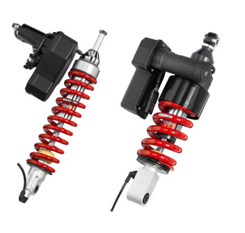 Stoßdämpfer SET (vorne und hinten) zur Verwendung mit der Original-Feder - hinten Federvorspannung hydraulisch und Zugstufendämpfung über ESA einstellbar, Länge einstellbar, Federfarbe rot - vorne Federvorspannung und Zugstufendämpfung über ESA einstellba