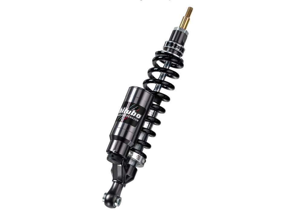 Mono-Stoßdämpfer vorne, mit externem Ausgleichsbehälter, Federvorspannung, Zug- und Druckstufe einstellbar, mit Längenverstellung, schwarze Feder