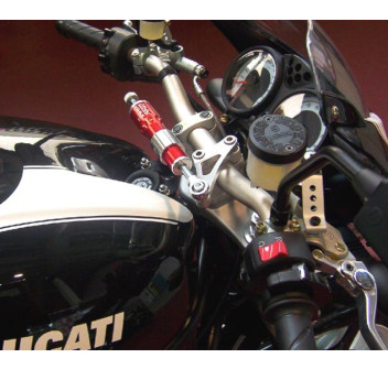 Steering damper kit over tank mounting with Red shock absorber