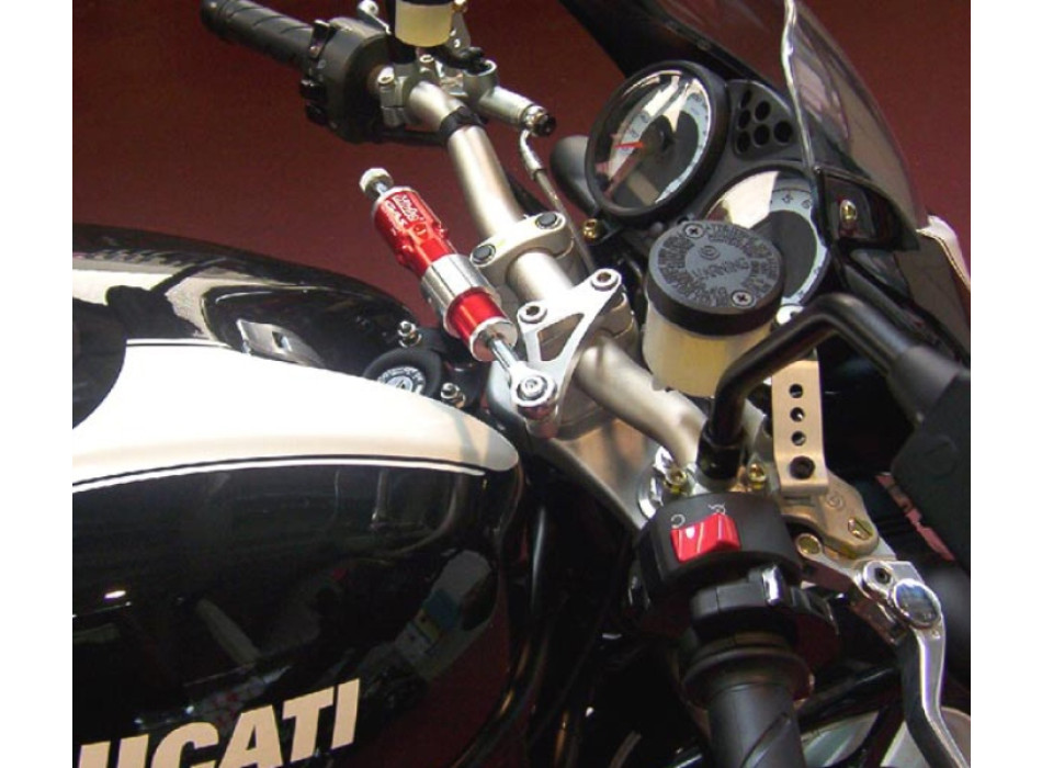 Steering damper kit over tank mounting with Red shock absorber