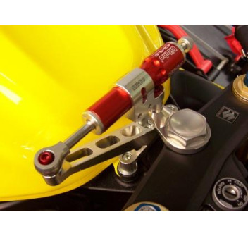 Steering damper kit over tank mounting with Red shock absorber