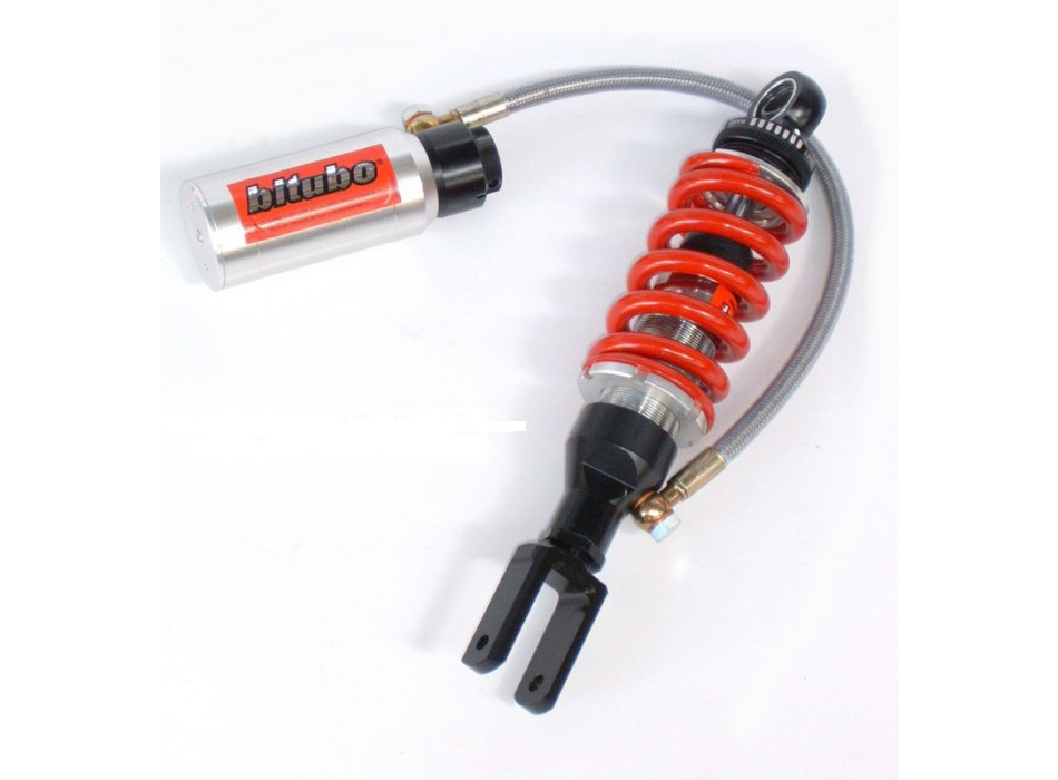 Mono posteriore Regolabile: precarico manuale, estensione, compressione, Vaschetta con tubo flex, interasse 320 mm regolabile, molla Rossa